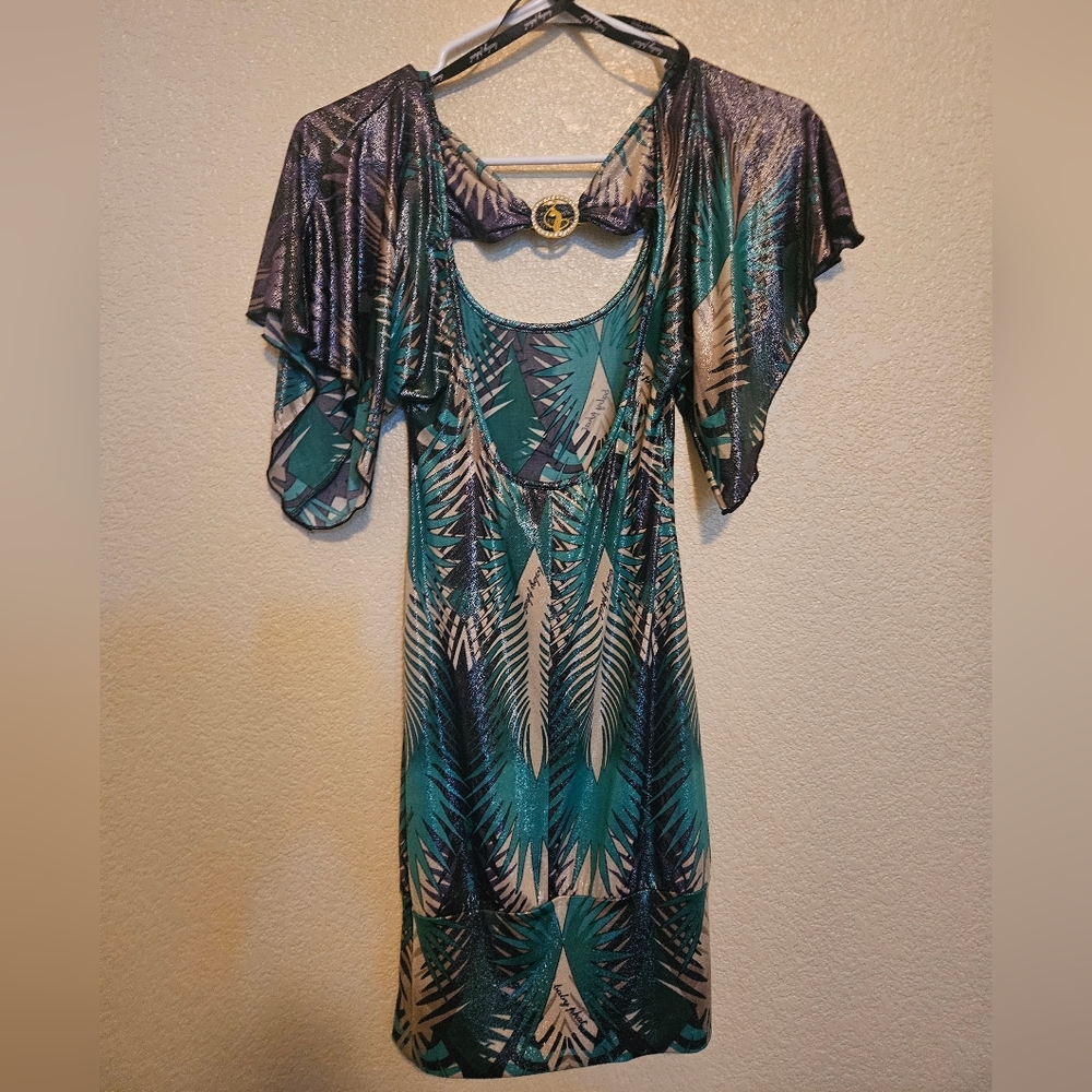 ​Vintage Y2K Baby Phat Mini Dress XS Tropical Palm Shimmer Rhinestone Cat Logo